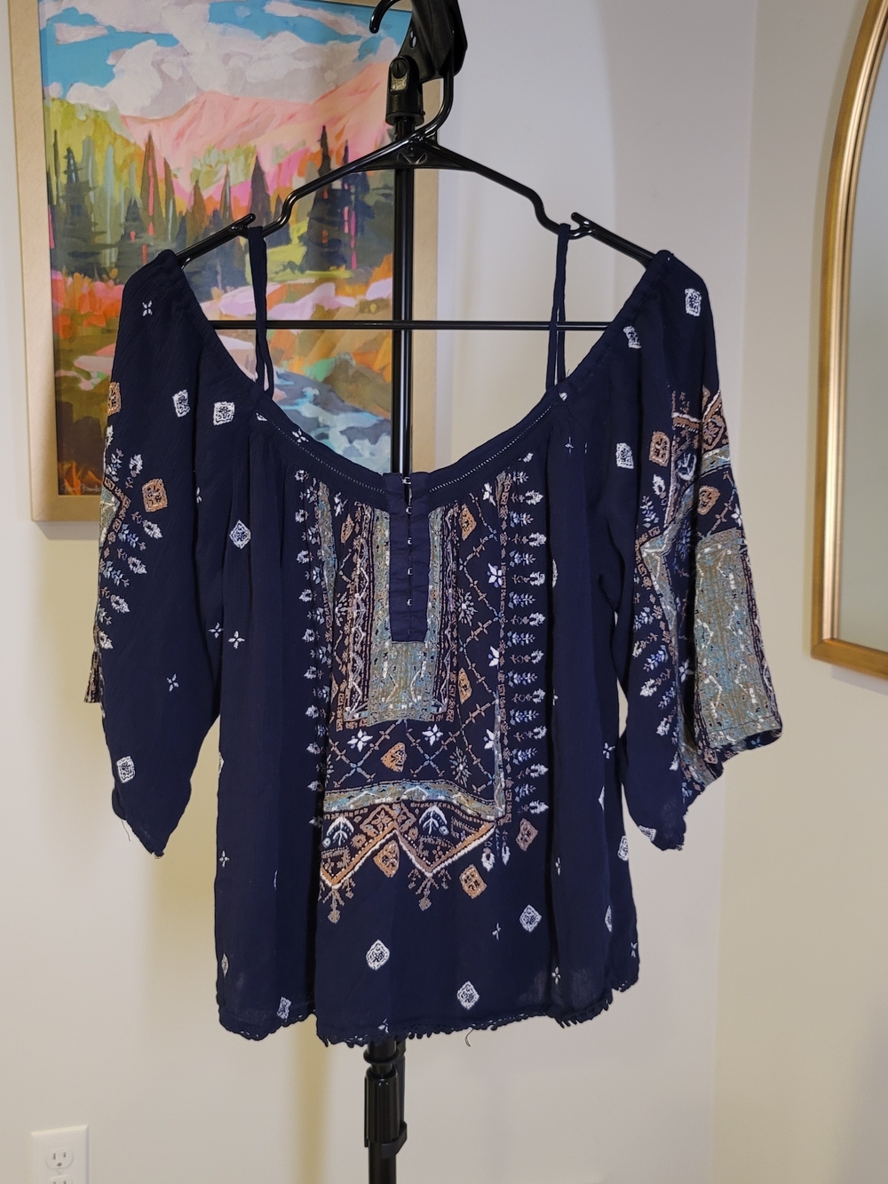ECOTE Off Shoulder Peasant‎ Blouse Embroidered Bohemian Style Women's Size XS